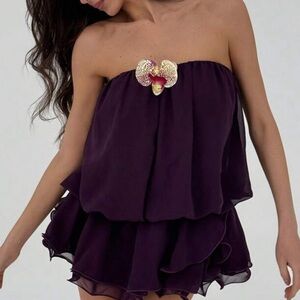 Purple Strapless Ruffle Dress with Floral Accent